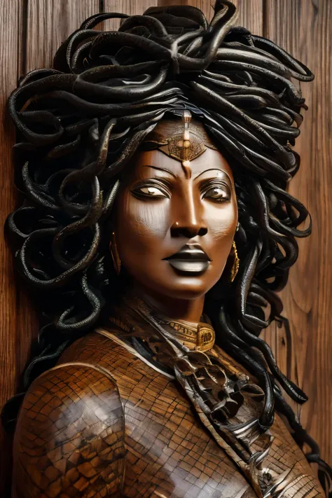 portrait of a wooden black woman made out of wood, thick wooden, fat black woman, black fat woman, old wooden statue of a black ...