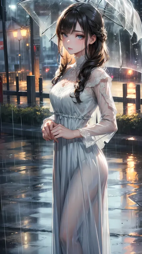 ((best quality, 8K, Lace maxi dress, Standing in the rain, , Highly detailed face and skin textures, delicate eyes, Double eyelids.)