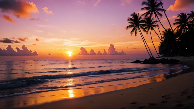 a strikingly vibrant sunset scene by the ocean. The sky is dominated by intense shades of pink and magenta, creating a surreal and dramatic backdrop. The sun, partially set, appears as a bright orange semicircle near the horizon, casting a warm glow across...