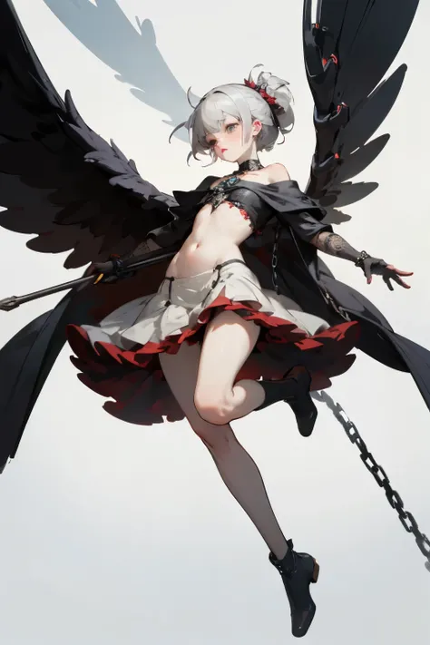  ((best quality)), ((masterpiece)), (detailed), 1girl, off-shoulder, Character design, female, dynamic poses, long white grey hair, grey white eyes, small frame, very skinny, detailed, best quality, no accesoires around the neck, no shoes, prominent collar...