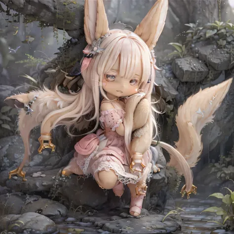 in the garden, smiling girl, similar to nanachi from made in abyss. she is beautiful, beautiful eyes and lips. girl (((chibi sty...