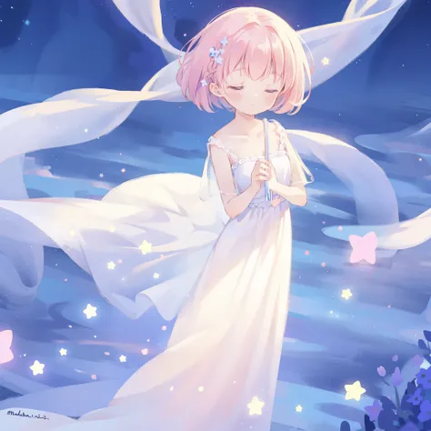 complex background, wishing star background, a woman wearing an ethereal mystical pink translucent dress that reflects the stars, dreamy, peaceful, serene composition, glowing stars, glowing, mystic, complex drawing, highly detailed, ethereal, starry night...