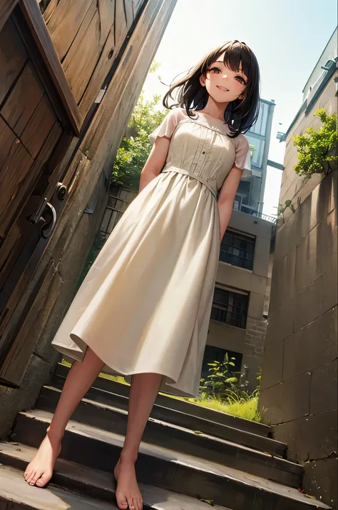 ((masterpiece)),(((highest quality))),((Super detailed)),One girl, alone, barefoot, Are standing, building, smile, Floating Hair, Dutch Angle, Mouth closed, avert your eyes, Outdoor