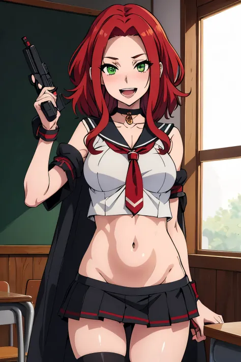 bitch medium breasts, red hair, beautiful face, green eyes, evil smile, blush, lipstick, evil smile , choker, masterpiece, best quality, highly detailed, a anime girls in sailor uniforms with a gun posing for a picture,
evil smile, smile, open mouth,black_...