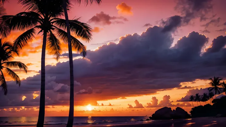 a strikingly vibrant sunset scene by the ocean. The sky is dominated by intense shades of pink and magenta, creating a surreal and dramatic backdrop. The sun, partially set, appears as a bright orange semicircle near the horizon, casting a warm glow across...