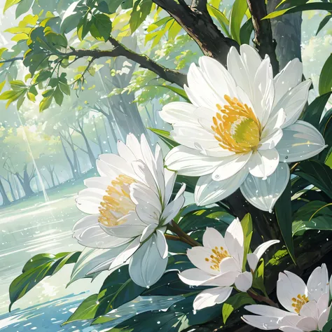 early morning、Morning sunlight、Sunlight filtering through the trees、White flower close-up、after the rain、Water Drop、Wet、It&#39;s foggy、Faint lighting、forest、lake、A butterfly is perched、Top Quality、No humans