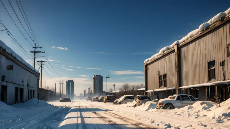 Dramatic lighting, chiaroscuro, post-apocalyptic, abandoned airfield hangar, broken electricity pylon, snow-covered airfield runway stretching away towards buildings in the distance, deep snow, blue sky, sunny day