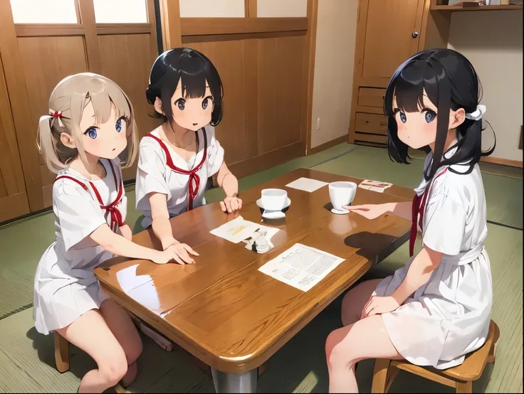 4 sisters、White shirt dress、おっぱいが密着したWhite shirt dress、Cute underwear that shows off a rolled up dress、Japanese-style room、White underwear with cute ribbon、Standing posture、Four eel bowls on the table