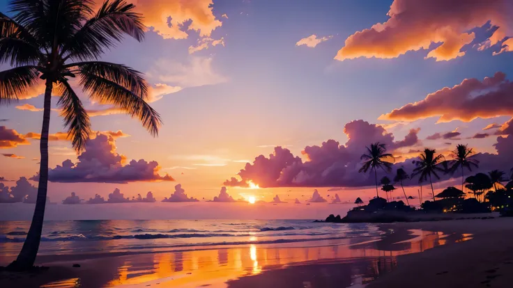 a strikingly vibrant sunset scene by the ocean. The sky is dominated by intense shades of pink and magenta, creating a surreal and dramatic backdrop. The sun, partially set, appears as a bright orange semicircle near the horizon, casting a warm glow across...