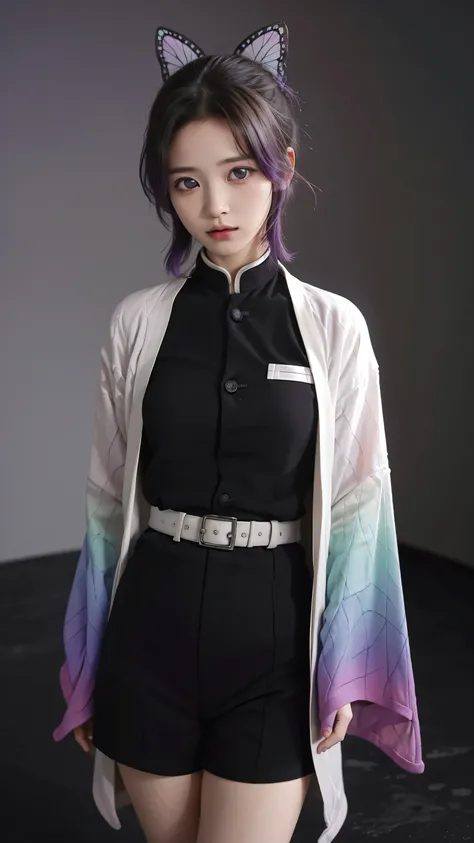 1girl, solo, kochou shinobu, butterfly hair ornament, purple eyes, multicolored hair, short hair, parted bangs, black pants, black jacket, belt, realism, masterpiece, textured skin, super detail, high detail, high quality, best quality, 1080p, 16k, upper b...