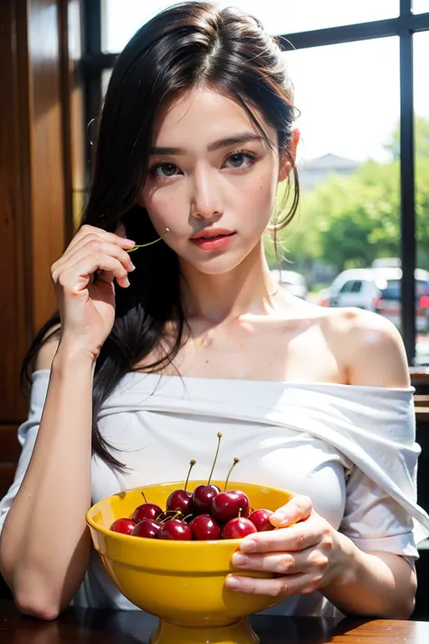 ((best quality)), ((masterpiece)), (detailed), 1 woman, off shoulder t-shirt, Beautiful woman eating cherries, Bowl, fancy restaurant,