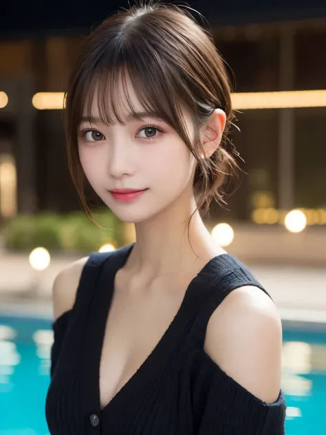 masutepiece, Best Quality, Illustration, Ultra-detailed, finely detail, hight resolution, 8K Wallpaper, Perfect dynamic composition, Beautiful detailed eyes, doress, short Hair, mid-chest, Natural Color Lip, Random and sexy poses,Smile, Blurred night pool ...