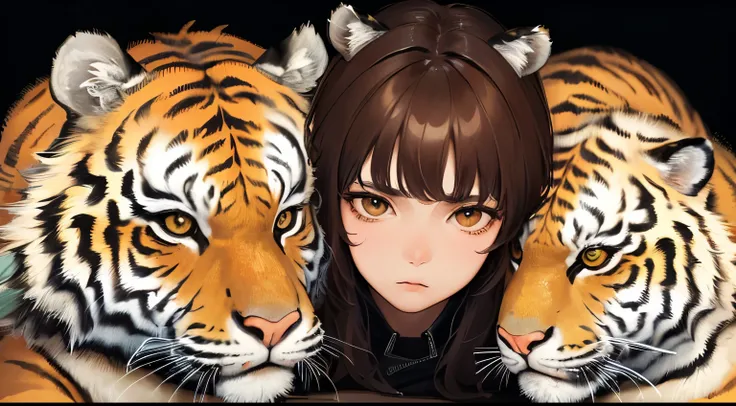 (((Looking up)))、(((Tiger ears)))、((1 person)),Masterpiece,best quality, ((Big tiger behind))), ,((Troubled face))、((Tiger background))、((Expressionless)),determined expression, Upper body diagram、 (Highest Resolution、Clear_image)、Best Quality、Light and sh...