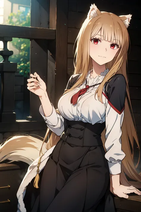 (masterpiece, best quality, dynamic lighting), 1 woman, Spice and Wolf's Holo. laugh, laugh, open your mouth , looking at viewer, long skirt, skirt, long sleeves, forest, tree, bush, waving, full shot, afternoon,fascinating expression,Off shoulder,Cine...