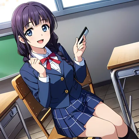 (highest quality, masterpiece:1.2), highest quality, High resolution, 1080p, 8K, Height: 158cm, Anime-style CG, ((The game heroine, a very noble, elegant and pure aristocratic young lady, is sitting on a chair in a school classroom.、Looking up at the viewe...