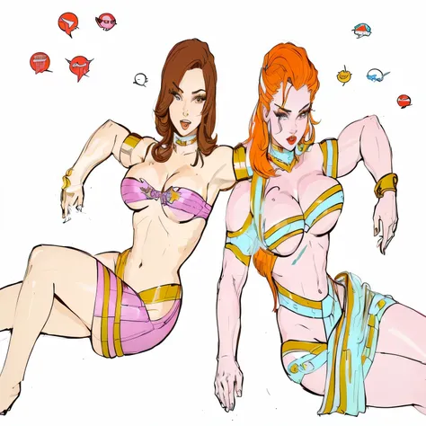 two women in bikinis are sitting on the floor with their mouths open, inspirado em Rob Liefeld, inspirado em Earle Bergey, Venus goddess Athena, lineart colorido, colorido digitalmente, pintado e colorido, arte de linha colorida, megara, bodybuilder superh...