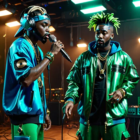 80s dark fantasy movie, cyber punk, two black men in hip hop rapper clothes holding microphone and producing music in studio, blue clothes, green clothes, African gods, afrofuturism, afrofuturism fashion, ultra quality, masterpiece, intricate details, very...