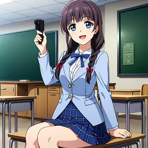 (highest quality, masterpiece:1.2), highest quality, High resolution, 1080p, 8K, Height: 158cm, Anime-style CG, ((A very noble, pretty and neat beautiful girl of the game heroine is sitting on a chair in a school classroom.、A scene of them taking a test wi...