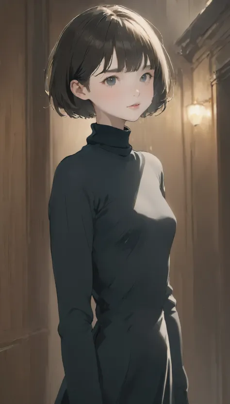 highest quality、masterpiece、perfect anatomy、mid-chest,black dress,turtleneck, (((15-year-old girl, slim, short hair)))