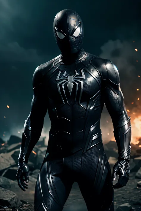 Black Suit Spiderman in warrior armor, glow suit, Dark Fantasy, hyper details 4K, cinematic war background.