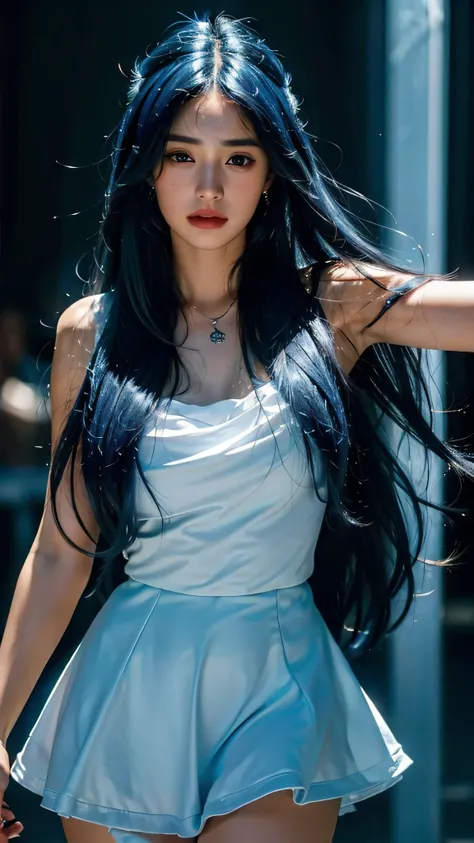 (4K:2.0), (Ultra HD), masterpiece, ((One girl)), Beautiful Face, (Shining Face:1.5), Fine grain, (Super long flowing hair:1.5), (Black and blue mixed hair color:1.2), Crystal Hair Ornament, Earrings, necklace, (so beautiful:1.5), Blue clothes, Bare thighs,...