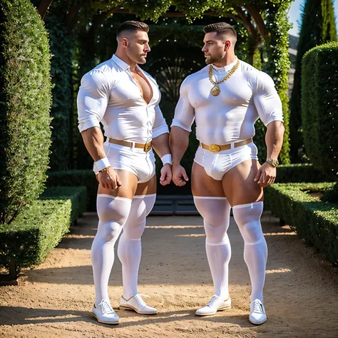 full view, full body, 2 big over-muscular bodybuilded white men with undercut haircuts, wearing regencey era silk clothing and white silk thigh-highs, shoes off, dozens of golden rings, necklaces, bracelets, white Shirts with laces unbuttoned showing over-...