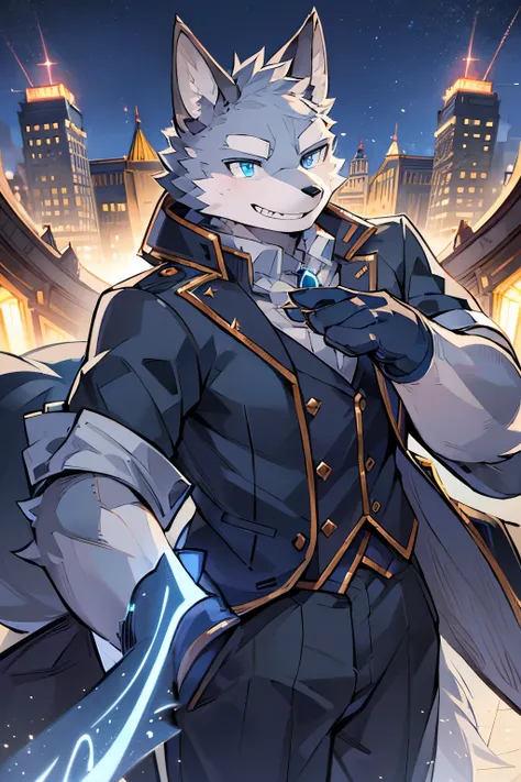 Exquisite lines，best quality。young，male，Gray fur,grey ears,body torn, Bustling night city background,Direct vision,smiling,Sharp teeth are exposed,Happy Mood,Beautiful night sky，Blue eyes，Gray wolf orcs