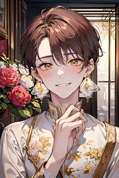 ((17years old man:1.3)), masterpiece, best quality,light brown hair, (half up and half down hair:1.1),(portrait),white dress,(pop and cute flower pattern background), (perfect hands),(,yellow,white),looking front,((Large and gorgeous earrings:1.1)),(Blushi...