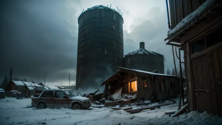 Dramatic lighting, chiaroscuro, post-apocalyptic, yurt set up beside a gutted old farm building, fallen grain silo, wrecked vehicle, snowmobile, electricity pylons, rubble, dense forest, dozens of dark figures standing by single bonfire, deep snow, overcas...