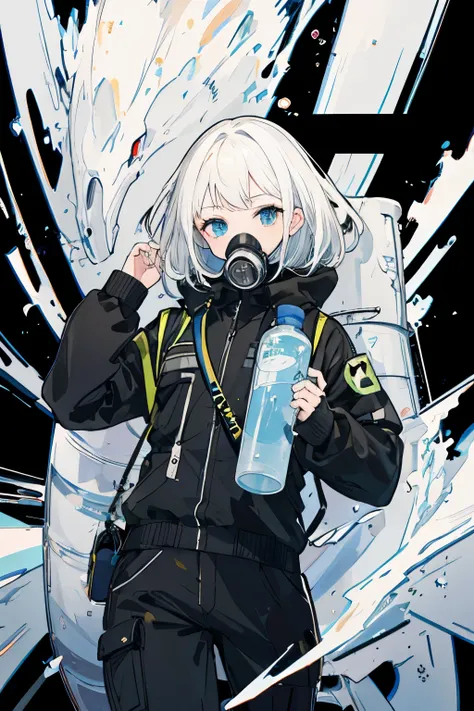 ((highest quality)), ((masterpiece)), (detailed), One girl, .Oxygen cylinder.gas mask.Work clothes.White Hair.Prosthetic arm.Turning around.Black Background
