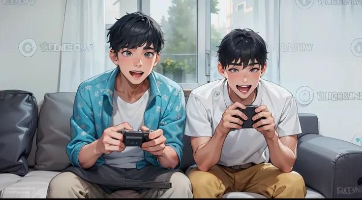 There are two boys with gray hair and gray eyes, they are happy playing, 18 years old.