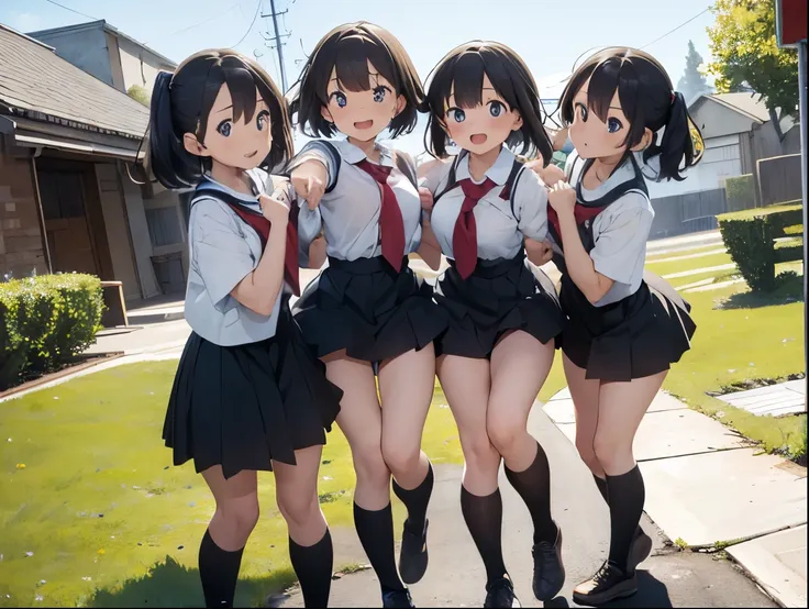 four sisters lifting each other&#39;s skirts、a light blue shirt dress with a cute red bra that hugs her big breasts、cute underwe...