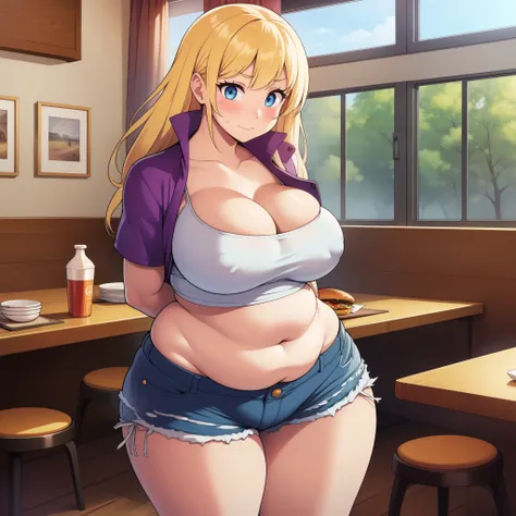 ((highres)), Masterpiece, high quality, best quality, beautiful, perfect lighting, detailed face, ultra cute face, ((1girl)), ((solo)), ((blush)), (embarrassed), looking at viewer, blonde hair, blue eyes, crop top and shorts, skindentation, full body, fast...