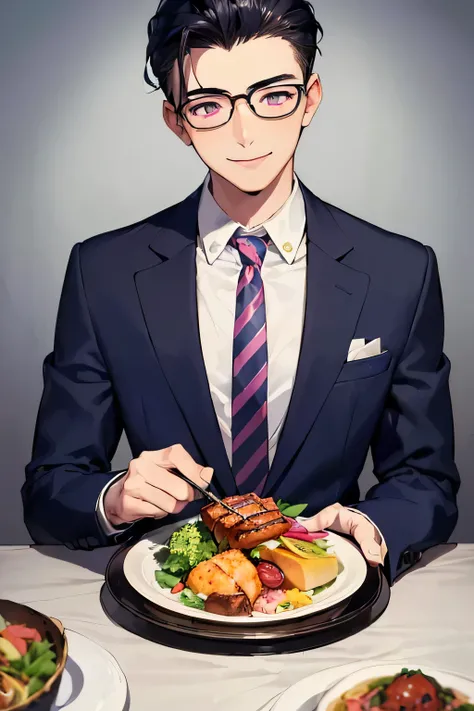 ((highest quality)), ((masterpiece)), ((detailed)), (((Perfect Face))),(((party))), (((An 18-year-old boy with glasses wearing a navy blue suit and a pink striped tie))), (((Left-handed black hair slicked back))), (((Nervous))), (((big, Big eyes,smile))), ...