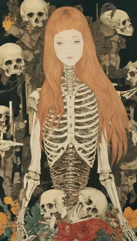 (masterpiece, best quality:1.2), sbgy，1girl，solo，axisymmetric composition，gorgeous clothing，skull，organ，skeleton，mystery，fear