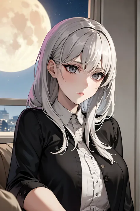 masterpiece, Awesome girl, Night moon Full moon, 1 female, Mature Woman, younger sister, Royal younger sister, Cold Face, Expressionless, A woman with long silvery white hair, Pale pink lips, Calm, intellectual, Three-striped grey eyes, Assassin&#39;s Shor...