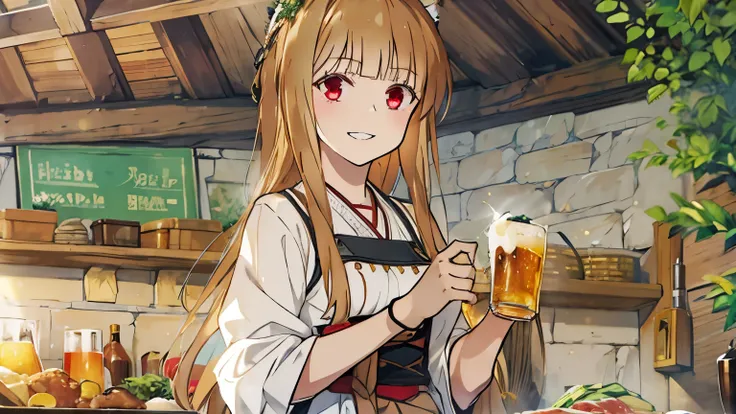 best quality,masterpiece,, Holo from Spice and Wolf wears a long skirt like a medieval village maiden..,He is smiling brightly, holding meat in his left hand and holding a large beer glass in his right hand.