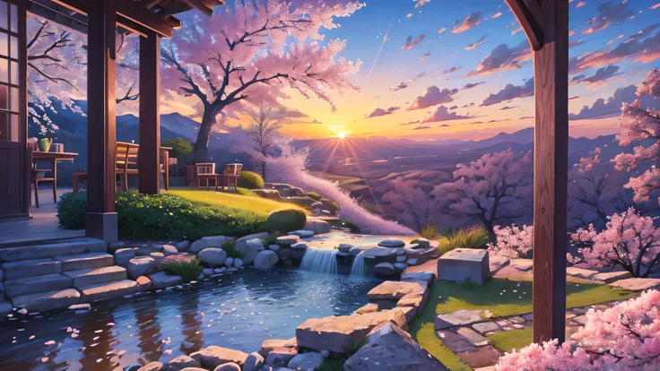 (masterpiece, highest quality:1.2), Super detailed, Cinema Lighting, High resolution, An illustration,  landscape,  sunrise,  Cherry Blossom, impressive, Chill, Inspiration,