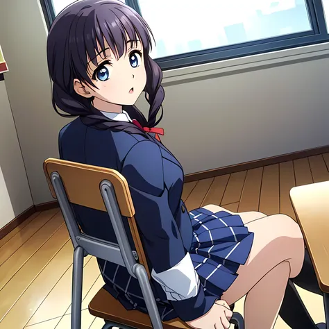 (highest quality, masterpiece:1.2), highest quality, High resolution, 1080p, 8K, Height: 158cm, High-definition anime-style CG, ((A very noble, pretty and neat beautiful girl of the game heroine is sitting on a chair in a school classroom.、Looking back, he...