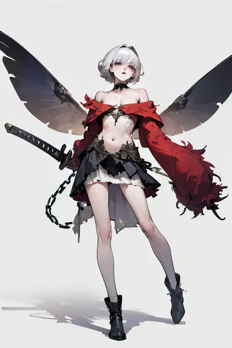  ((best quality)), ((masterpiece)), (detailed), 1girl, off-shoulder, Character design, female, dynamic poses, long white grey hair, grey white eyes, very skinny, detailed, best quality, no accesoires around the neck, no shoes, prominent collarbones, skinny...