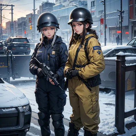 Two Ukrainian policewomen in winter city、Wear a steel helmet、Jumpsuit police uniform、Standing guard、Write details、masterpiece、best quality、Highly detailed CG、8K picture quality