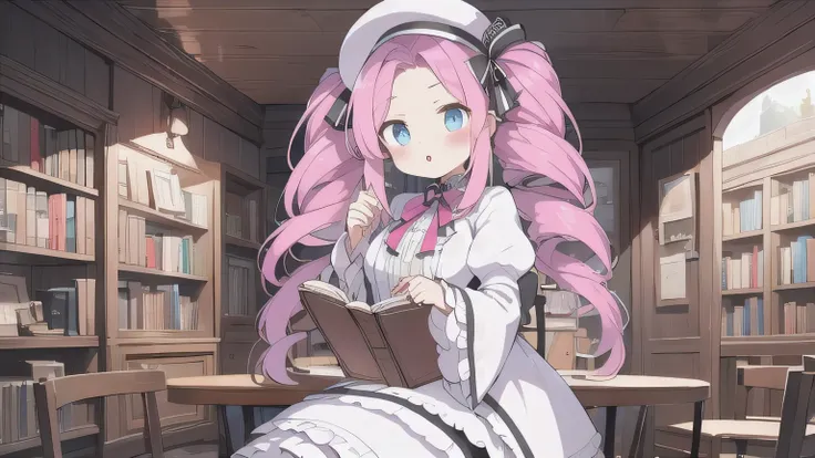 &quot;one woman&quot;、young、blue eyes、pink hair、long hair、drill-shaped twin-tail hairstyle、wear a brim、sit on a chair、i read a b...