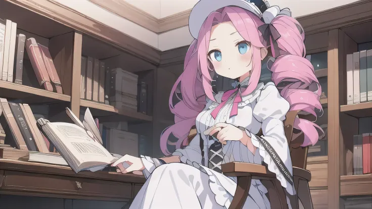 &quot;One Woman&quot;、young、blue eyes、Pink Hair、Long Hair、Drill-shaped twin-tail hairstyle、Wear a brim、Sit on a chair、I read a book、White Lolita Fashion