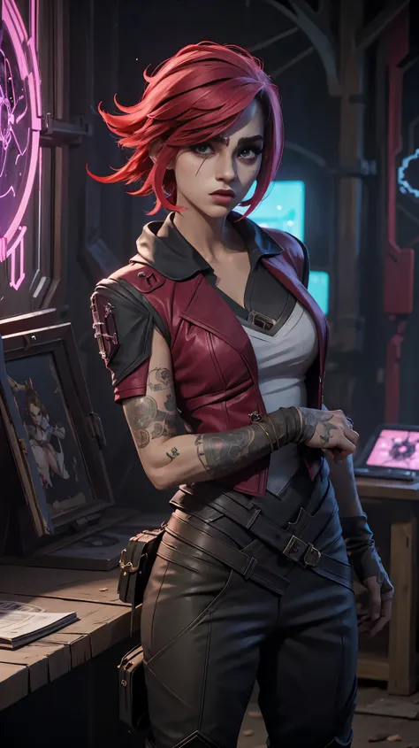 vi de arcane,, uma mulher com cabelo vermelho, mulher cyberpunk mulher anime, pants, deusa cyberpunk raivosa bonita, estilo de a...