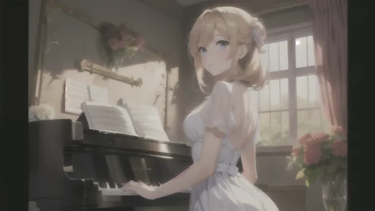 Anime girl in a white dress playing piano in front of roses, Beautiful roses anime girl, Nightcore, Beautiful and detailed anime art, Beautiful anime artwork, Beautiful anime portraits, Artjam and Athi Gairan, Beautiful anime art, Gweiz-style artwork, Beau...