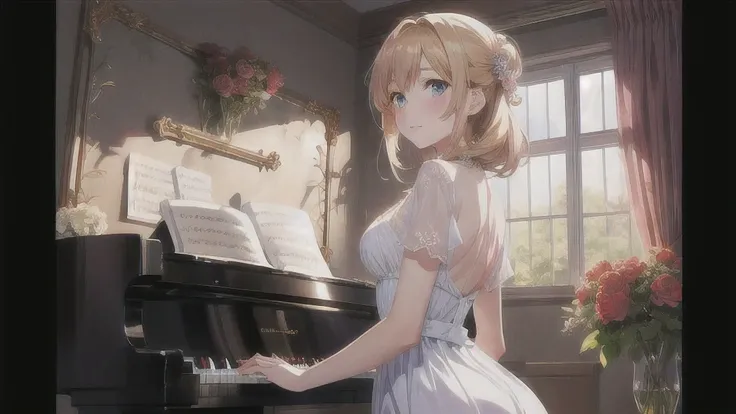 Anime girl in a white dress playing piano in front of roses, Beautiful roses anime girl, Nightcore, Beautiful and detailed anime art, Beautiful anime artwork, Beautiful anime portraits, Artjam and Athi Gairan, Beautiful anime art, Gweiz-style artwork, Beau...
