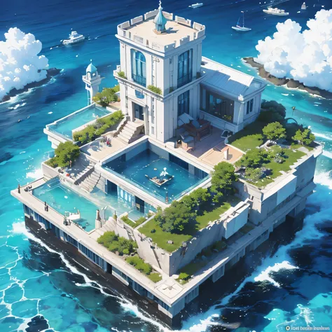 Aerial view, axonometric, square island in the middle of ocean, pixelated, blue ocean water, glass water, luxury white castle, one building, amazing landscape