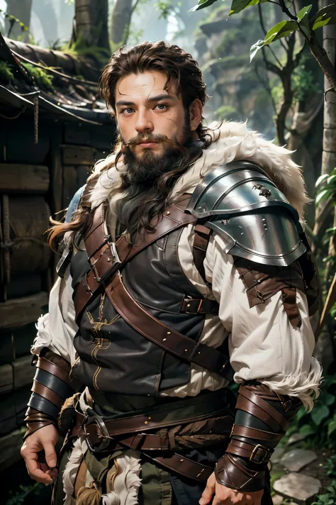 1man, Matching Outfits, (Fantasy Character Sheet, Front, Back, Side, Rear), dwarf, burly, weathered face, thick beard. Sunken brown eyes, Wise and resistant expression. Muscular build, Compact height. Practical clothing in the wild, sturdy backpack, essent...