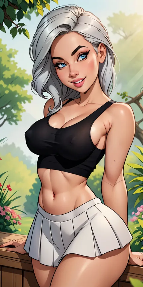 Medium round breasts, playful expression, elegant makeup, pleated high waist skirt, black tank top, Underboob showing, silver hair flowing in the wind, attractive eyes, glossy lips (best quality, ultra-detailed, photorealistic: 1.37), bright and vibrant co...