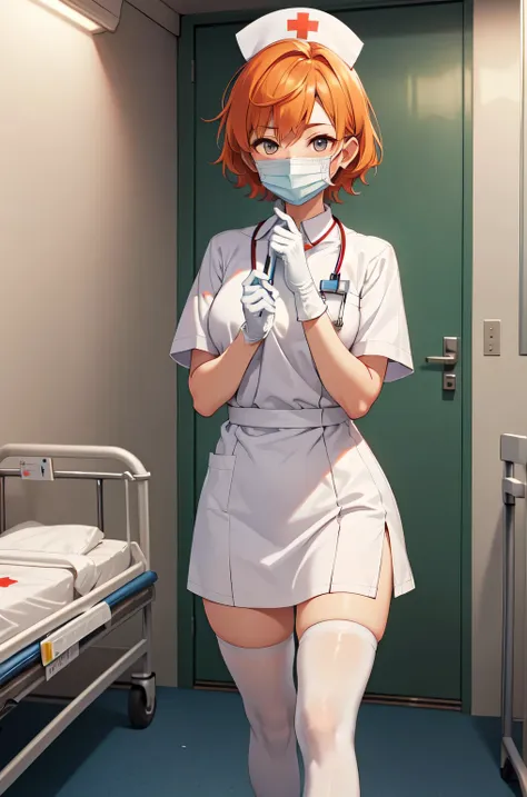 1girl, solo, nurse, nurse cap, white nurse uniform, ((white legwear, zettai ryouiki)), white gloves, very short hair, orange hai...